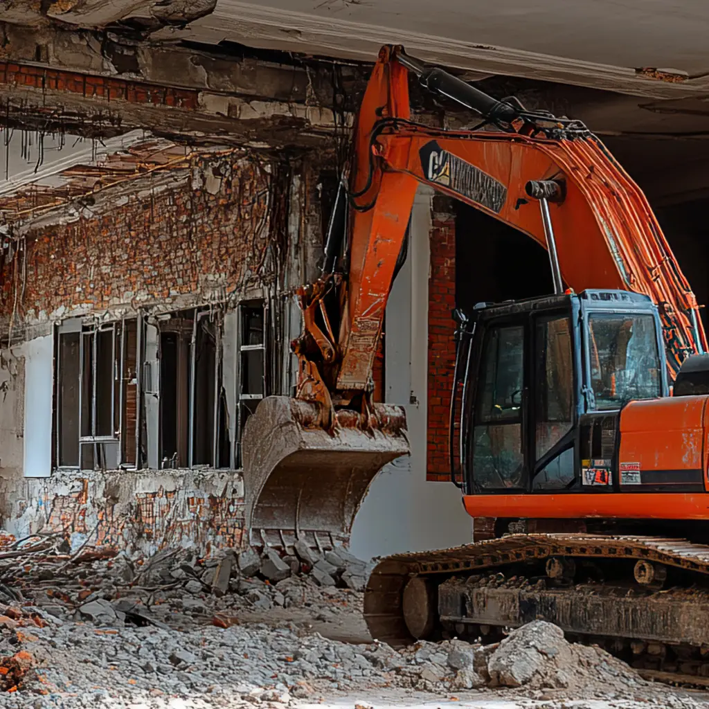 Pelleteuse en train de démolir un bâtiment avec des gravats